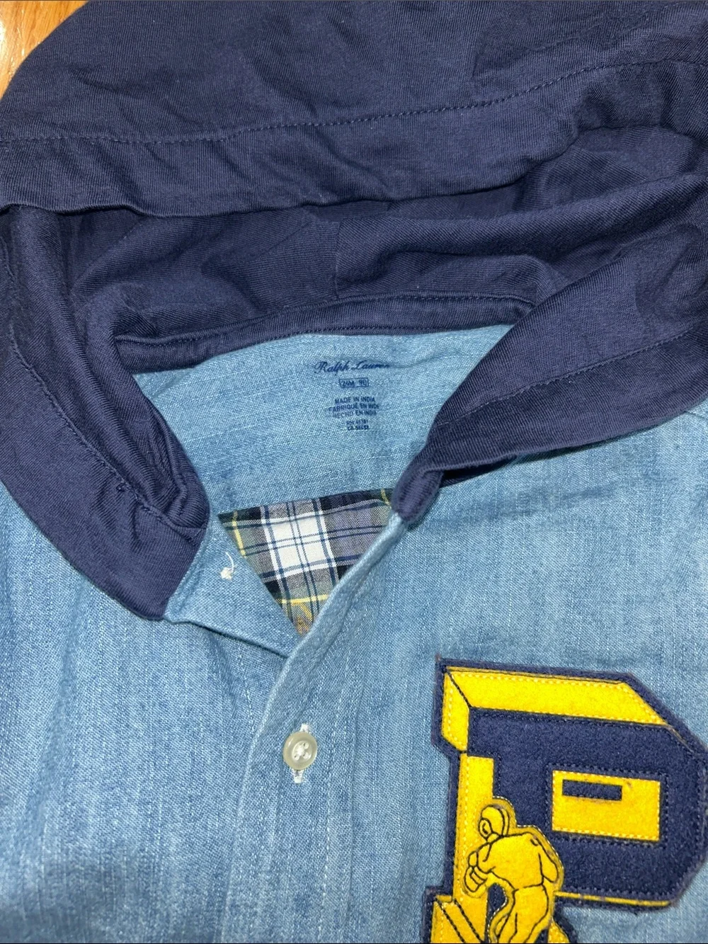 Ralph Lauren Light Blue Denim-Look Shirt with Navy Hood and Plaid Back-24M